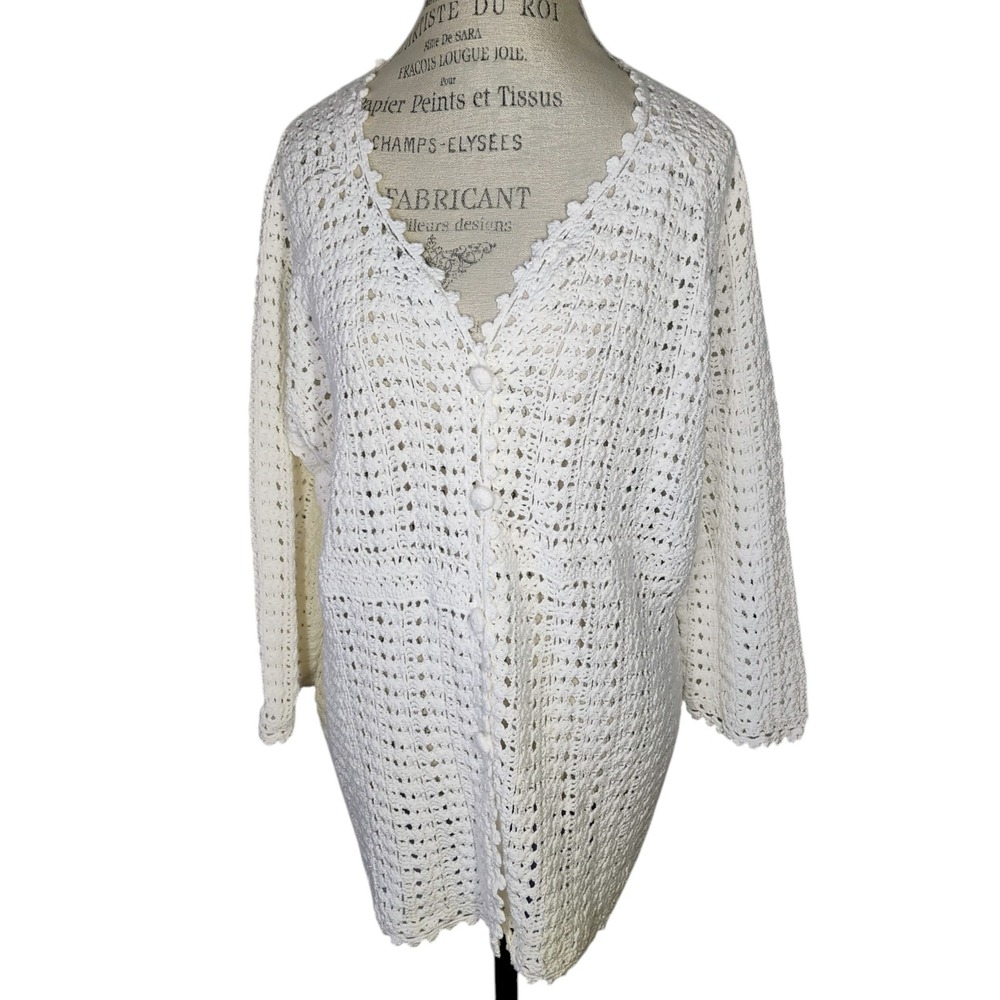 Liz Claiborne Womens Open Knit Cardigan 2X White Crochet Cottage Boho Layering